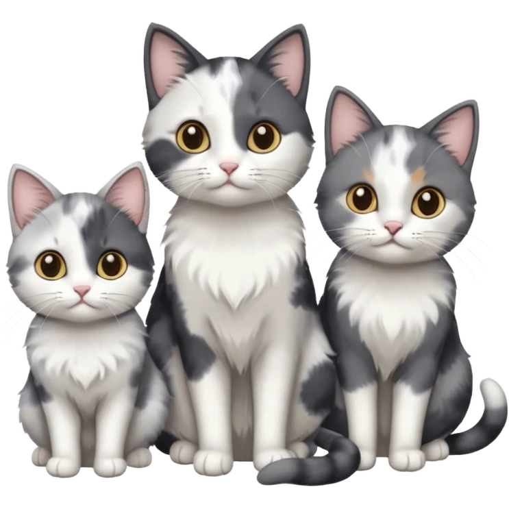 3 different coloured small cats including a dark grey and white, and a patchy calico and a solid grey with only white paws emoji