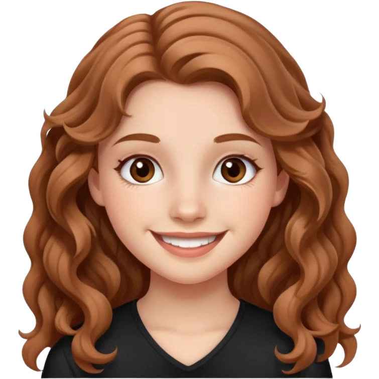 teenage girl with wavy long hazelnut hair, wearing blush and mascara, smiling emoji