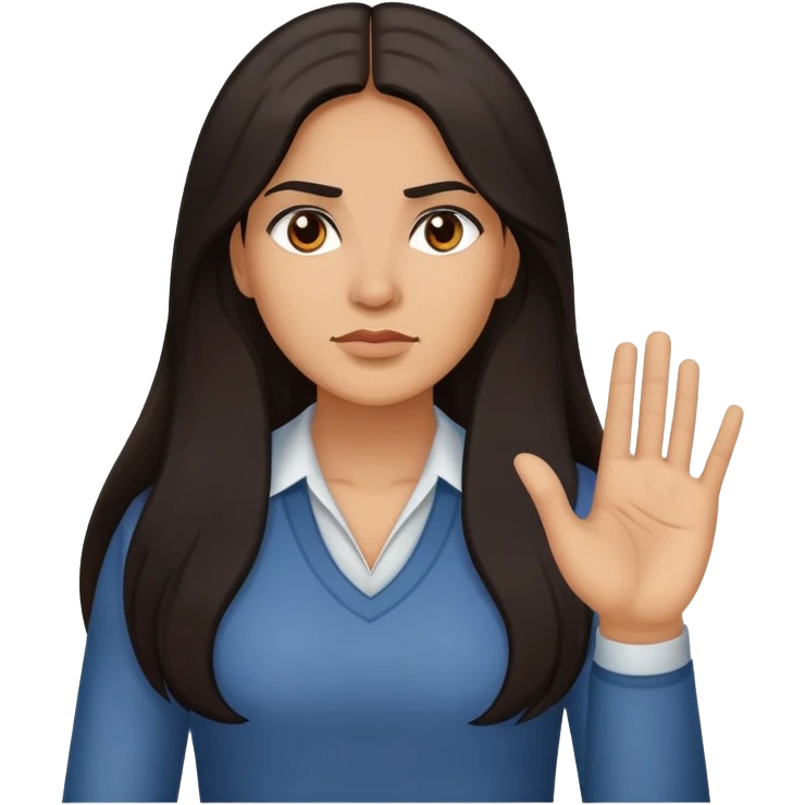 Hispanic woman with long hair, determined, one hand out motioning to stop emoji