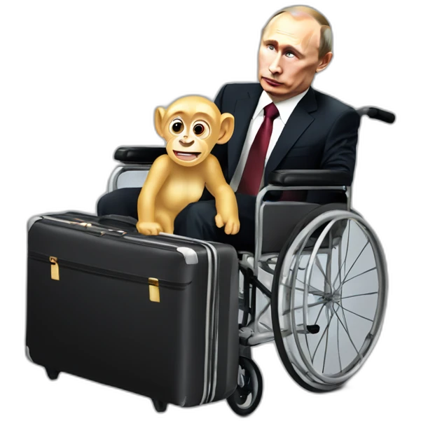 Depressed vladimir putin monke golden small wheelchair jumps out of suitcase emoji