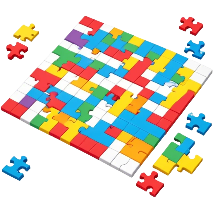 A photorealistic icon with a colorful, fragmented puzzle piece, a crossword magazine, a 3D puzzle, and a partially completed puzzle on a table. Bright, detailed design with realistic lighting. Transparent background, clearly symbolizing puzzles and brain games. emoji