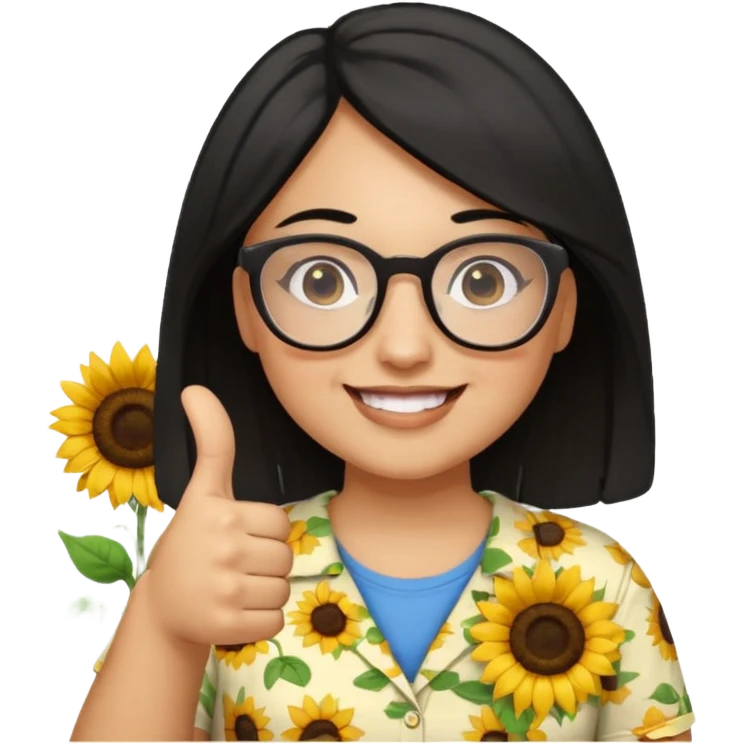 Make my biology teacher shes light brown, wears glasses, female, fat, sunflower shirt under and make her give 1 thumbs up and she has black hair and chubby emoji