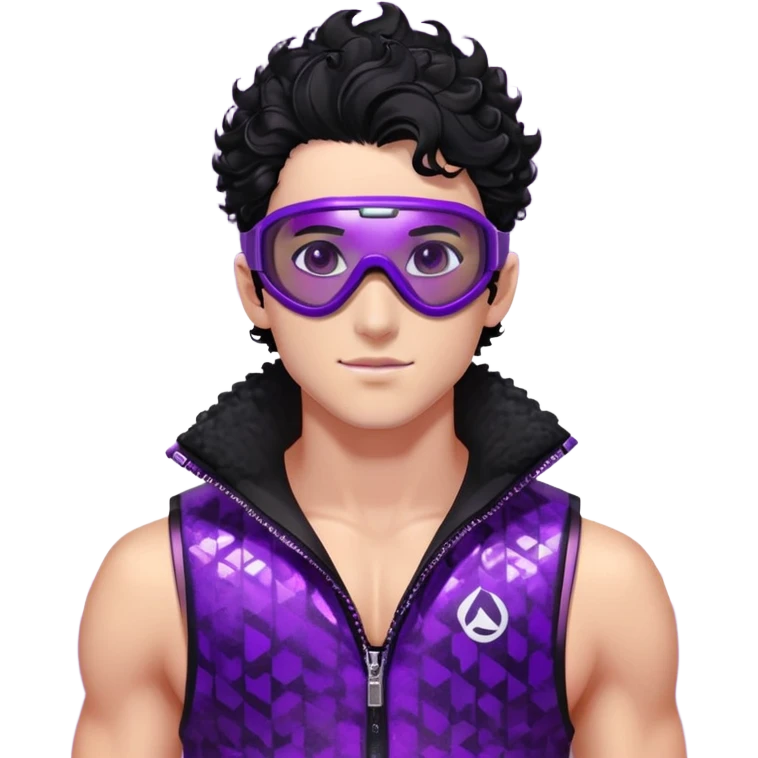 male athlete with white skin and moderately curly black hair on top with shaved sides, wearing ski goggles with purple frames and very dark black lenses, a simple plain black chain necklace, and a completely unzipped shiny vest with purple and black sequin fire pattern design, fully revealing his chest and abs, no earrings emoji