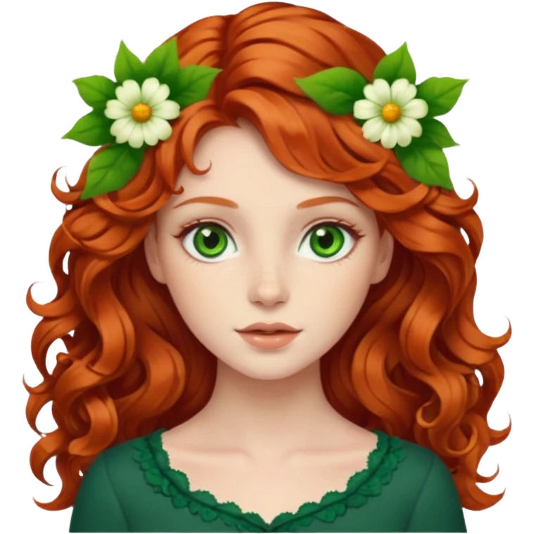 Natural redhead model, green eyes, wavy hair, flowers in hair emoji
