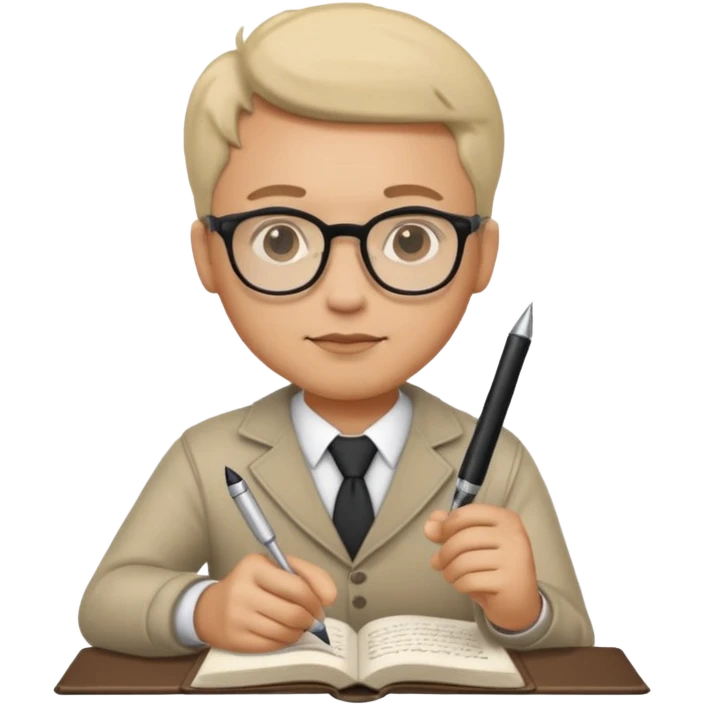 man hold a pen in hand write in book , wearing glasses emoji
