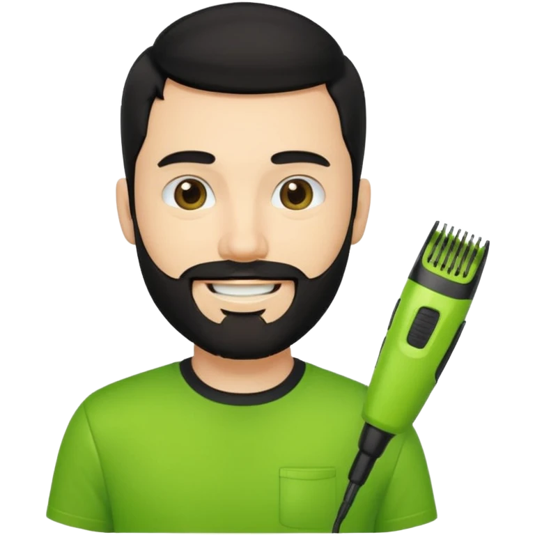 smiling young fair-skinned man with black hair and beard, holding a lime green trimmer, wearing a black t-shirt, iOS emoji style emoji