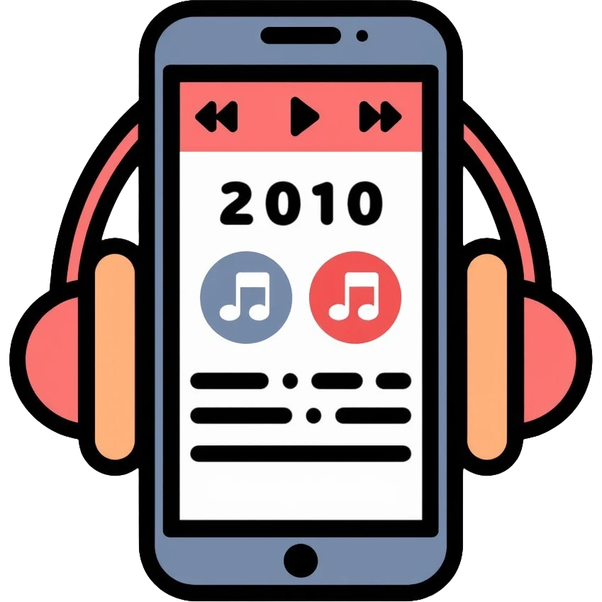 Music playlist icon with smartphone, headphones, and "2010" text, representing 2010s decade music emoji