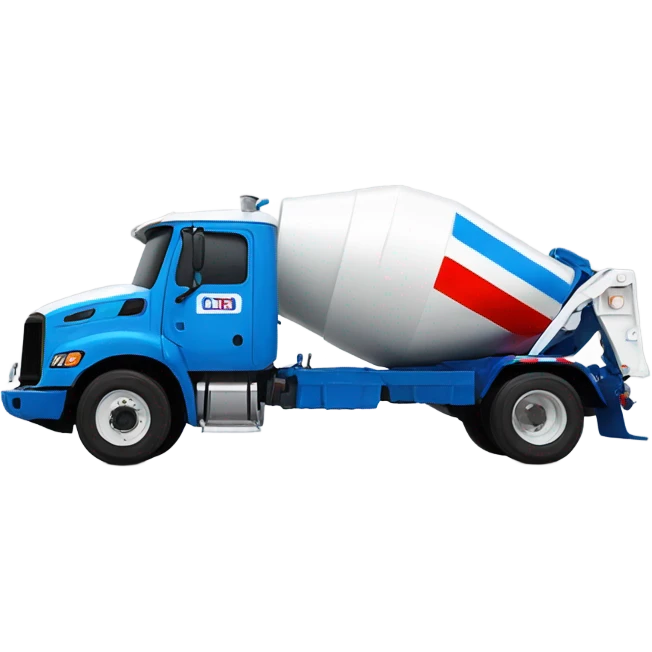 Ready mix concrete truck with white cab, white drum with blue and red stripe emoji
