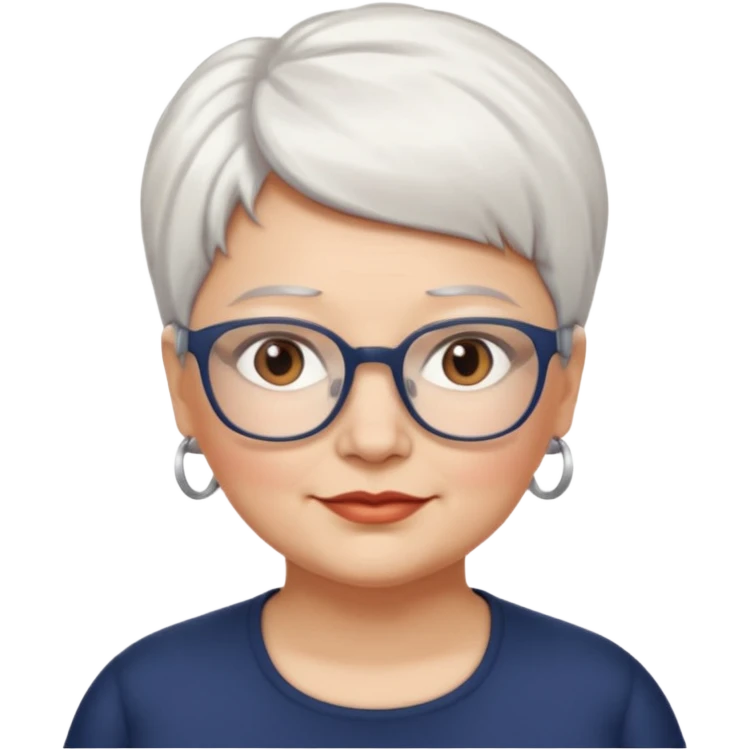 Create me emoji of an old mid-fat lady. Short white hair to left side. Square glasses. Brown eyes. Without any earrings on her ears. Long head emoji