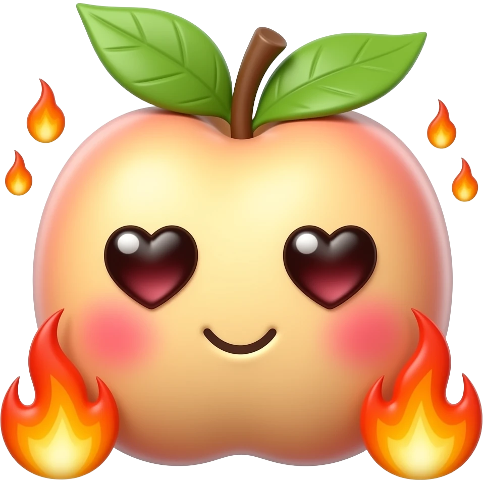 A cute 3D peach emoji sticker with blushing cheeks, heart eyes, and tiny flames around it, playful spicy vibe, clean white background, soft shadow, no text, no watermark emoji
