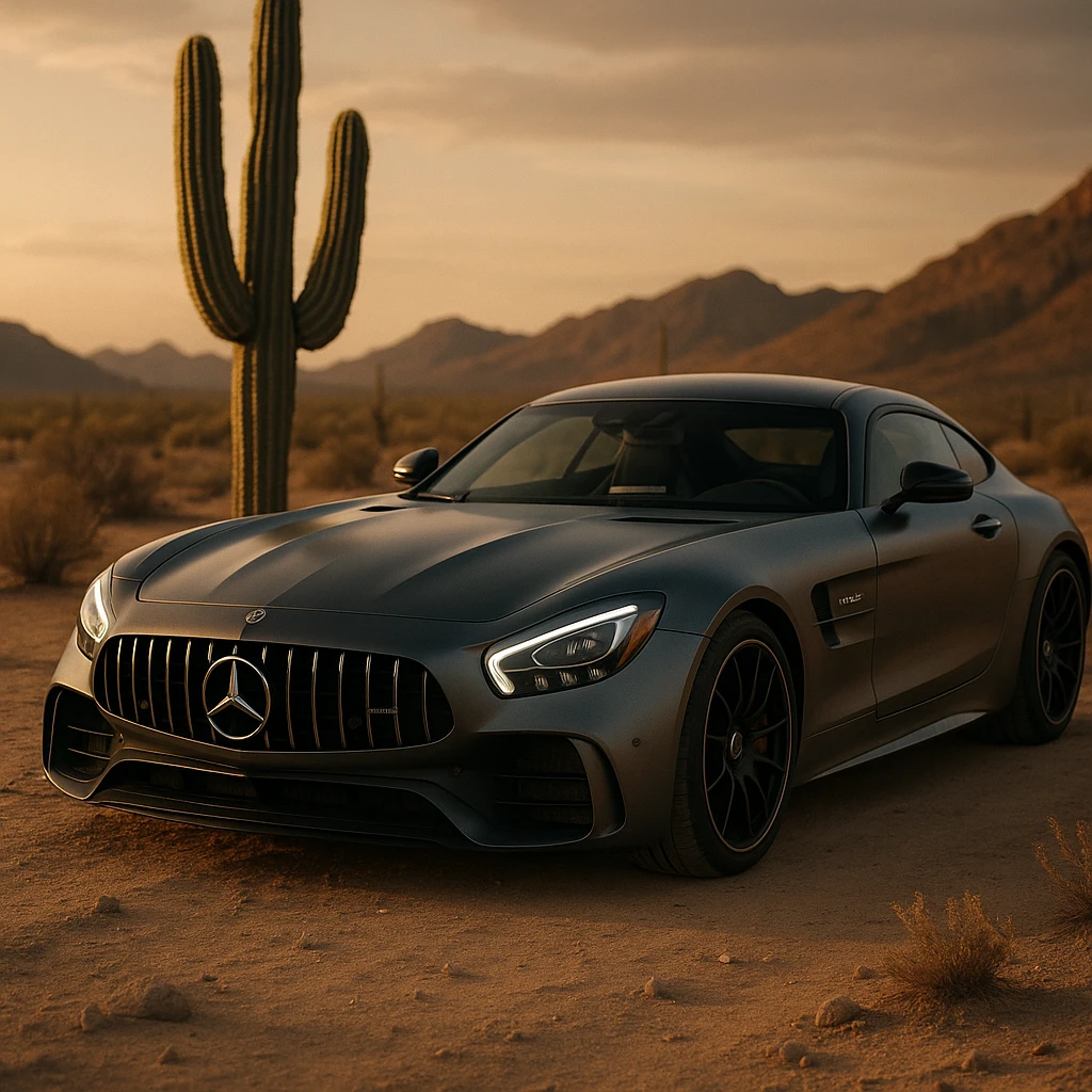 mercedes amg on desert next to cactus faun, cinematic emoji
