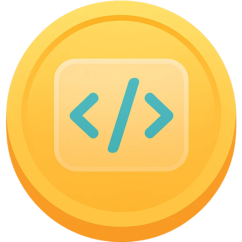 a vibrant colorful coin with coding symbols and a glass effect emoji