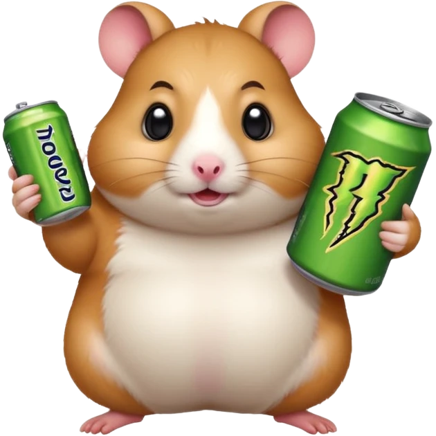 Funny cartoon-style fat hamster wide eyed holding a can of monster energy in one hand and redbull in the other hand emoji