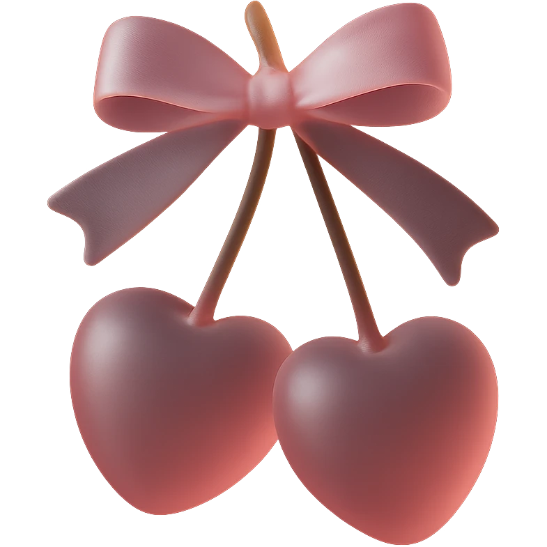 3D iOS-style illustration of two pink cherries with a pink bow, glossy and realistic, soft lighting, no background, in matte glass style. emoji