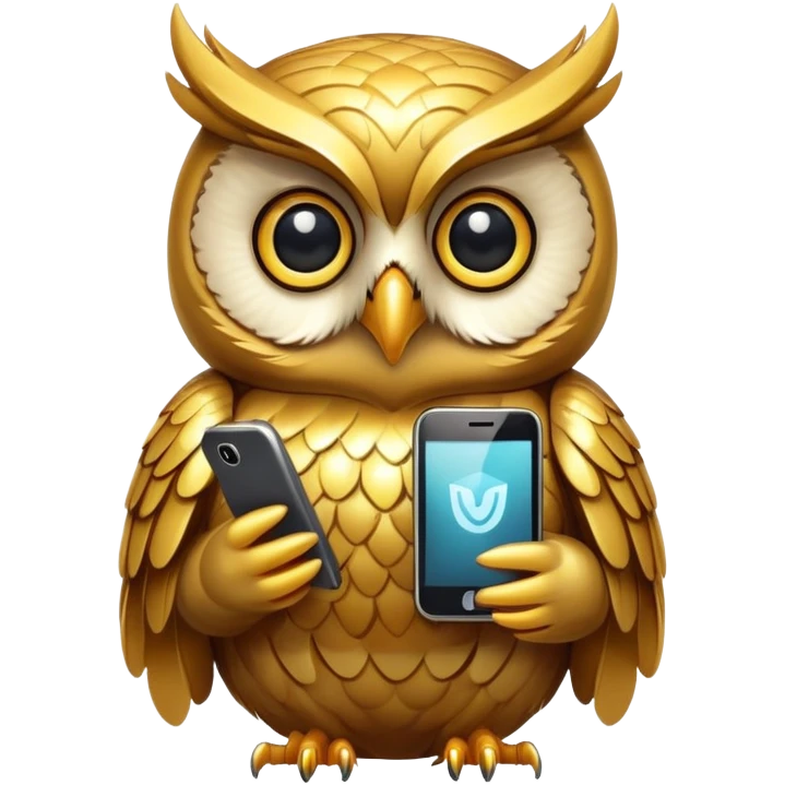 golden owl with shiny feathers. Holds a phone  emoji