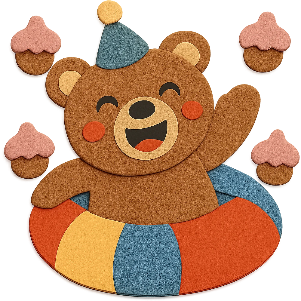 Move the cupcakes a bit farther away from the bear and arrange them in a visually appealing, well-balanced composition. Keep all other elements unchanged. emoji