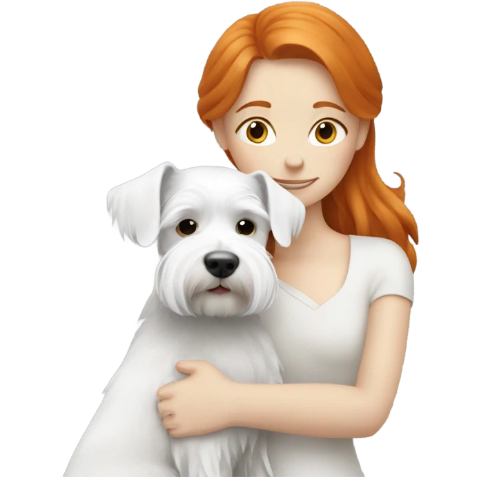 Ginger haired girl hugging small white schnauzer emoji