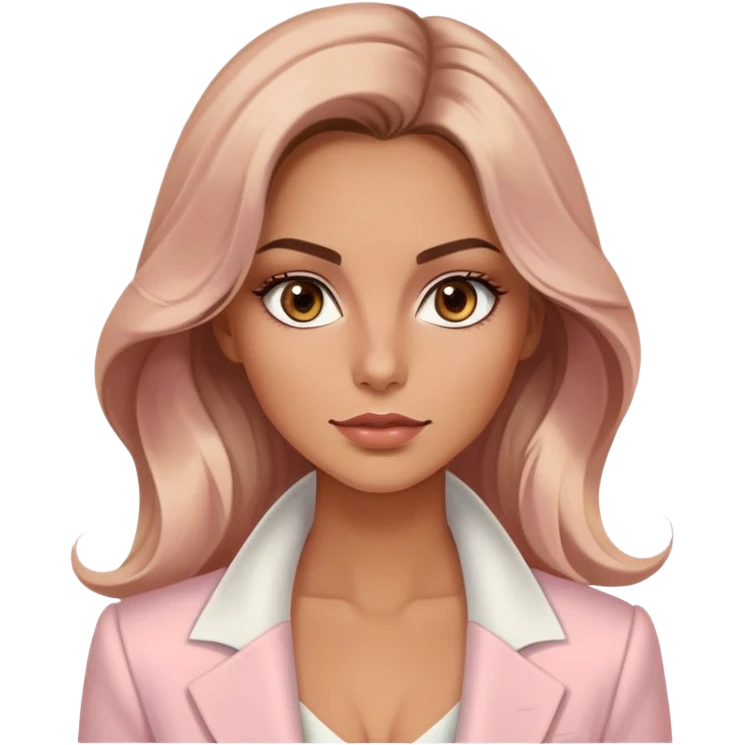 A 30-year-old woman with tanned skin, light brown long wavy hair, delicate face, almond-shaped eyes with smoky foxy eye makeup, brown eyes, wearing a light pink blazer and white satin cowl neck blouse with thin straps emoji
