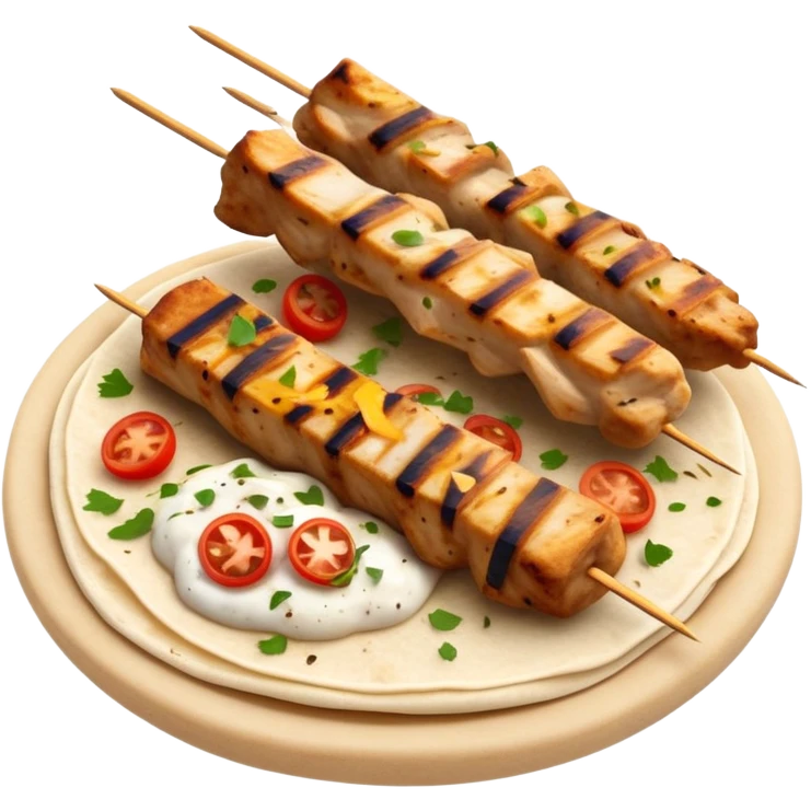 cinematic-realistic-souvlaki-dish-emoji,-showcasing-skewered,-grilled-chicken-with-mediterranean-spices-rendered-with-dynamic-textures-and-warm,-appetizing-lighting on pita bread emoji