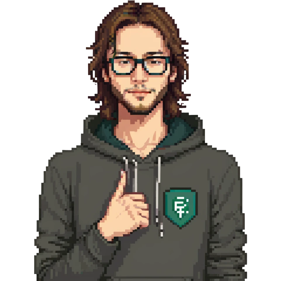 male software developer making 'eyvallah' gesture, right hand on chest, long brown hair tied back, glasses, short beard, light tan skin, wearing a hoodie with </> logo, tech and code background emoji