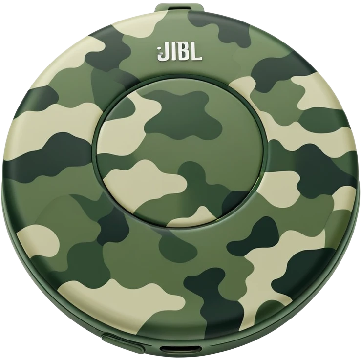 Most minimal JBL Clip 4 possible, flat circular design with clip, abstract green camo pattern, distinct JBL branding, iOS emoji style emoji