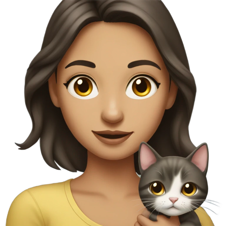 portrait of a beautiful brunette girl holding a cat emoji