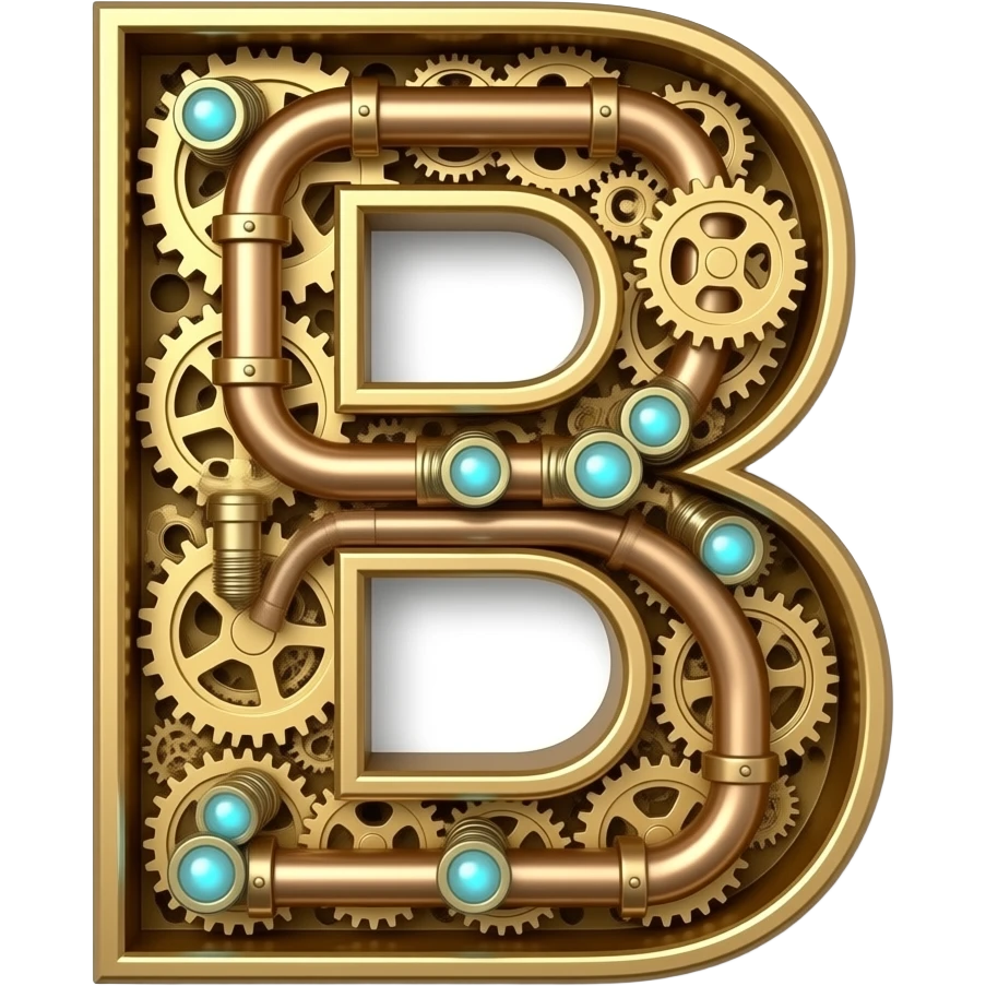 A complex Steampunk Letter 'B' constructed from interlocking brass gears, copper pipes, and tiny hissing steam vents. Small glowing blue Edison bulbs attached to the frame, mechanical clockwork style, highly detailed textures emoji