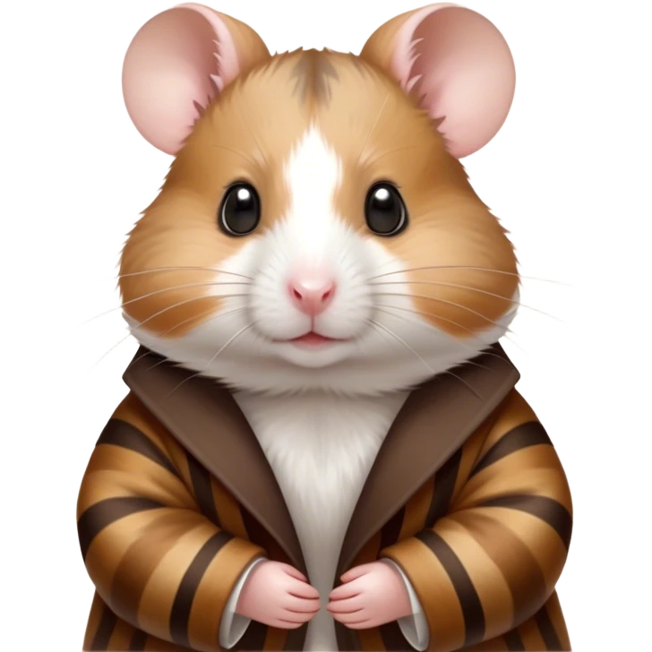 Cinematic Noble Brown and White Banded Hamster Portrait Emoji, Poised and regal, with a tiny, compact build and a uniquely patterned coat of warm brown and crisp white bands, deep-set soulful dark eyes, Simplified yet sharp and sophisticated features, highly detailed, glowing with a soft, dignified glow, high shine, intelligent and charming, stylized with an air of distinctive elegance, focused and attentive, soft glowing outline, capturing the essence of a watchful and confident rodent, so majestic it feels as though it could scurry out of the screen with effortless authority! emoji
