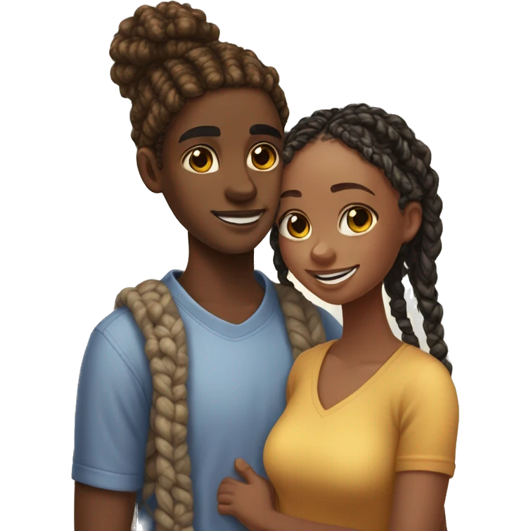 Realistic black girl with box braids and light skin boy with short curly hair and a short beard hugging emoji