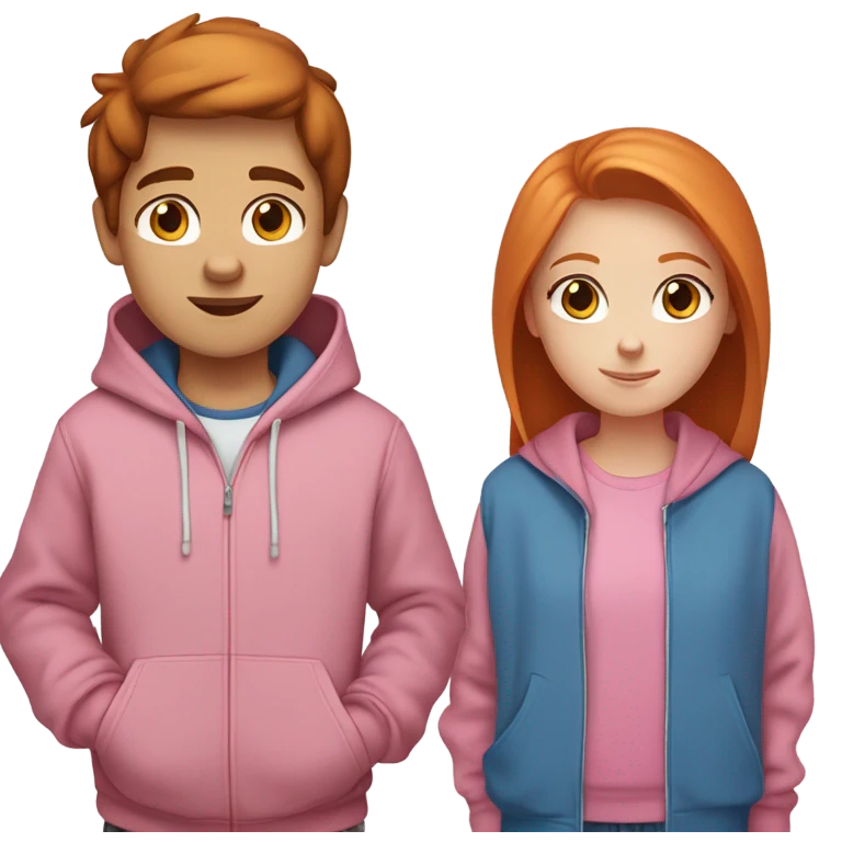 Boy with straight brown hair and brown eyes in a hoodie and girl with ginger hair blue eyes freckles and a pink hoodi emoji