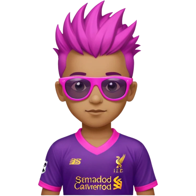 A 6 year old Pakistani boy wearing pink sunglasses with a purple Mohawk and a Liverpool kit on his torso. emoji
