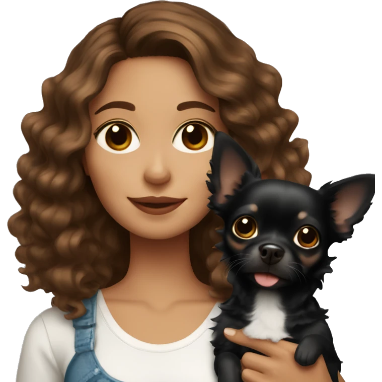 Pretty woman with brown wavy hair holding a black chihuahua  emoji
