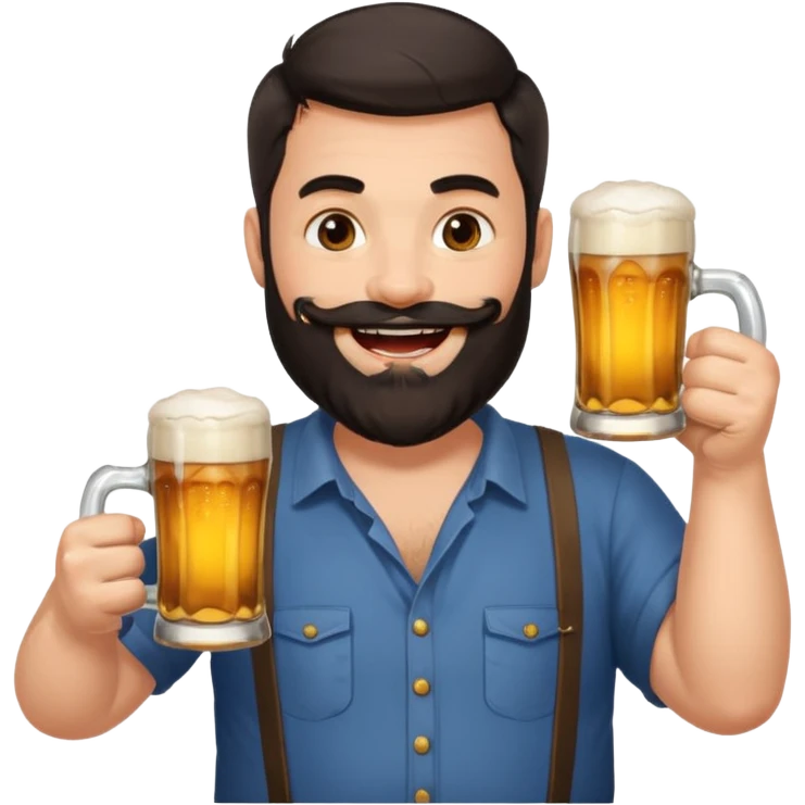 big man in lotus pose, bright skin, dark beard and dark short hair, holding beer mugs emoji