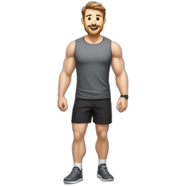 Full height realistic Actively gesturing with hands Pale skinned Fit Man With the biceps and brown hair in dark gray Sleeveless Mike, black oversize sports shorts, watch and white Sneakers emoji