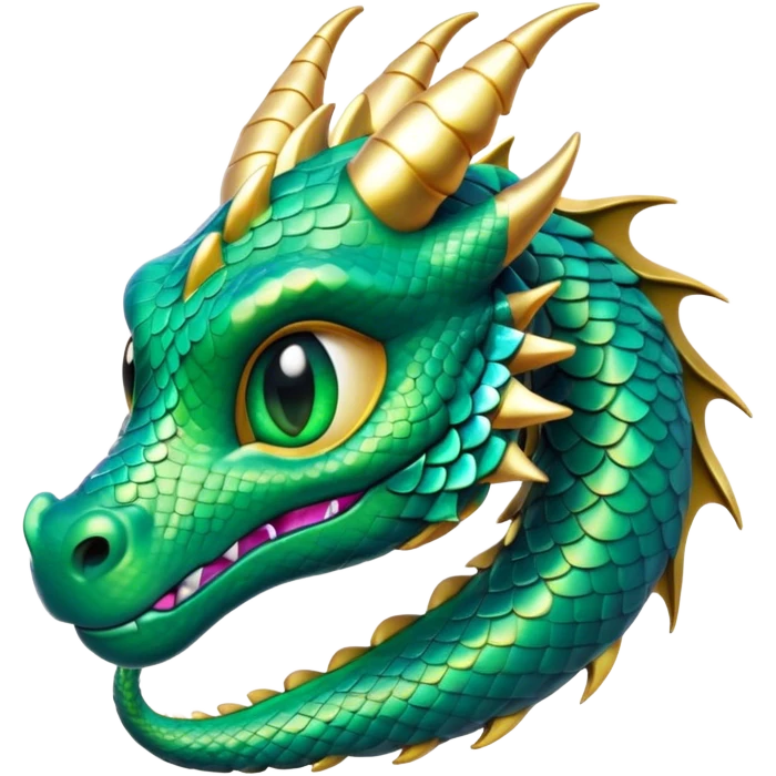 Cinematic Cute Dragon Portrait Emoji, Head tilted playfully and inquisitively, featuring a sleek, serpentine form adorned with iridescent scales that shift between emerald and gold, a delicate set of subtle horns, and round, sparkling eyes full of curious magic; rendered with realistic detail and warm natural light, high shine, affectionate and enchanting, styled with a touch of whimsical fantasy, soft glowing outline, capturing the essence of a mischievous yet lovable dragon that seems poised to slither playfully into your arms! emoji