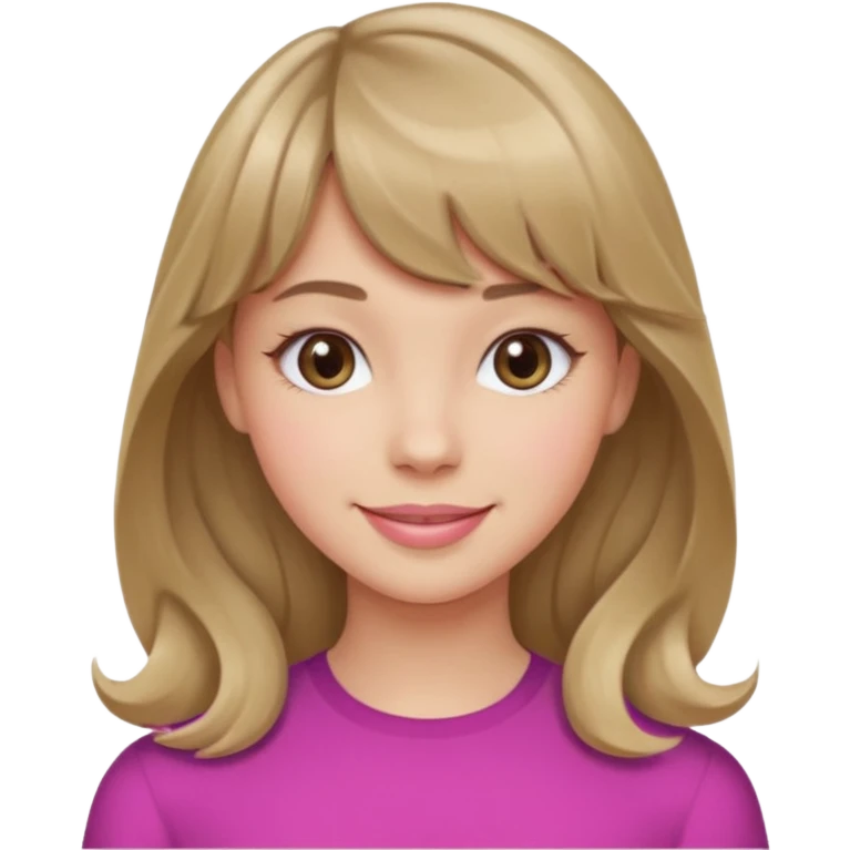 A girl with wavy, dark blonde hair, straight bangs, and straight eyes. She is smiling. emoji