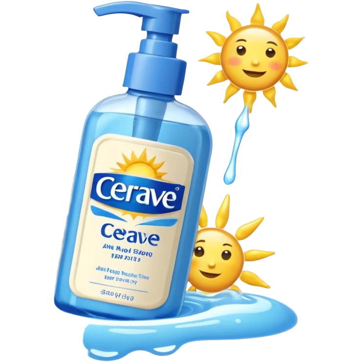 White CeraVe bottle with blue label and yellow “AM” badge, topped with a pump. Surrounded by protecting radiant sun sparkles, soft UV-deflecting light rings, and a blue protective glow. Feels like a daytime skin shield potion in a sleek, glossy bottle. emoji