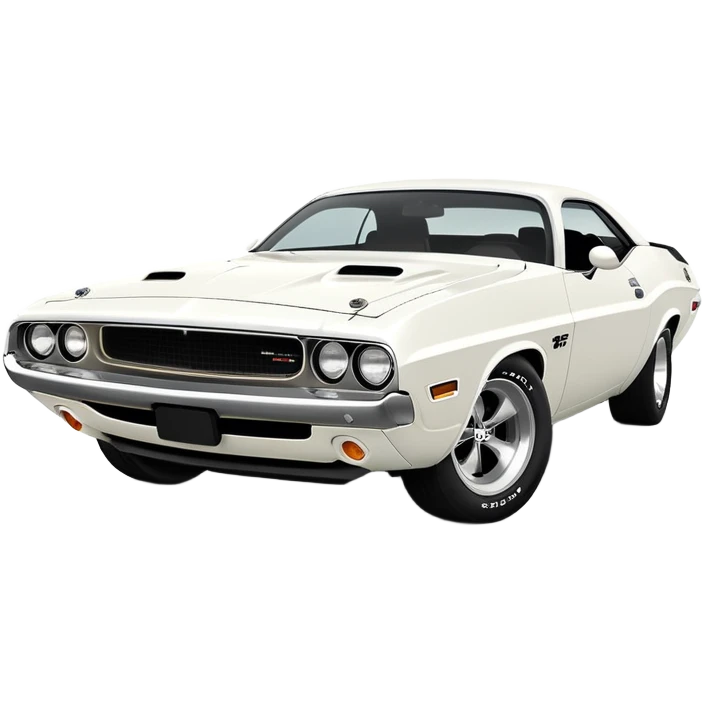 Solid white 1971 Dodge Challenger viewed from 30-degree angle, showcasing front grille and side profile, completely white paint job, Death Proof movie car, iOS emoji style emoji