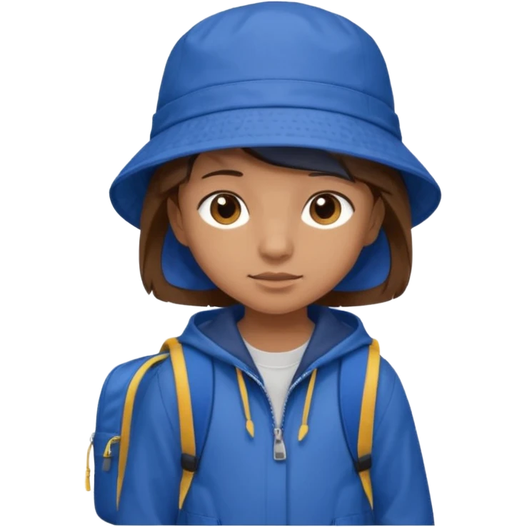 Little student, brown hair, wears blue bucket hat and jacket, backpack, shy emoji