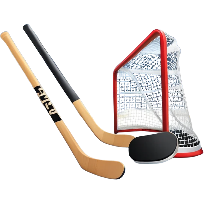 An icon showing a close-up of a hockey stick, puck, skates, and hockey net placed on the ice. The background features a packed stadium with bright lights, cheering fans, and snowy scenery outside. Transparent background highlights the key elements of the game. emoji