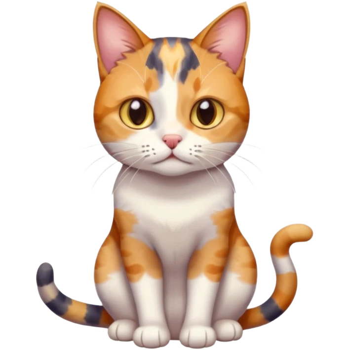full body anxious looking colourful patchy calico tabby cat with tiny head to large body with fully white front legs emoji