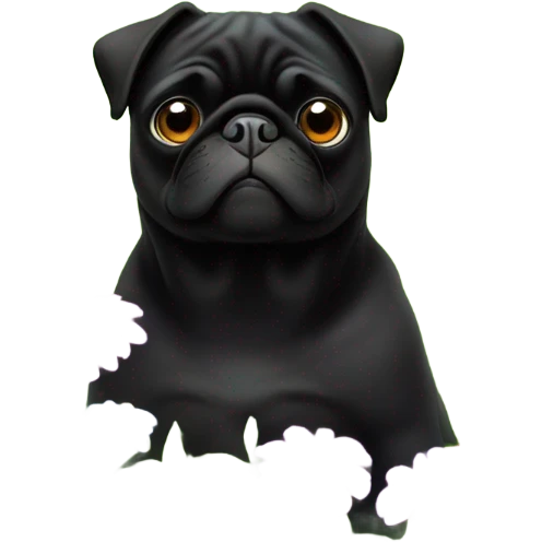 Black pug , surrounded by flowers, holding a green sign that says “good luck”  emoji