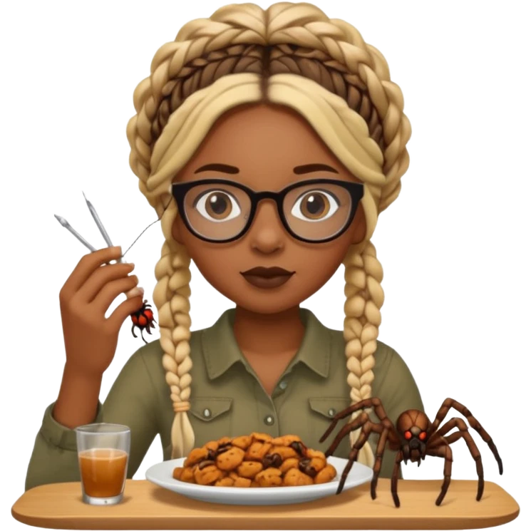 black girl with blond boho braids and clear glasses eating a spider  emoji