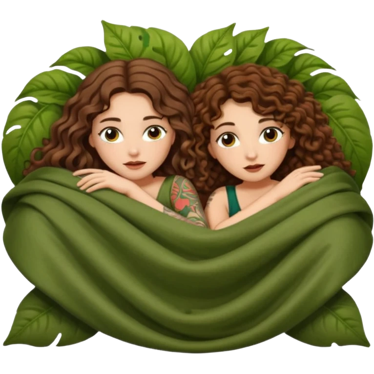 fake sleep pose — long wavy brown hair tattooed woman and short tight curly brown hair woman — peeking under leaf blanket emoji