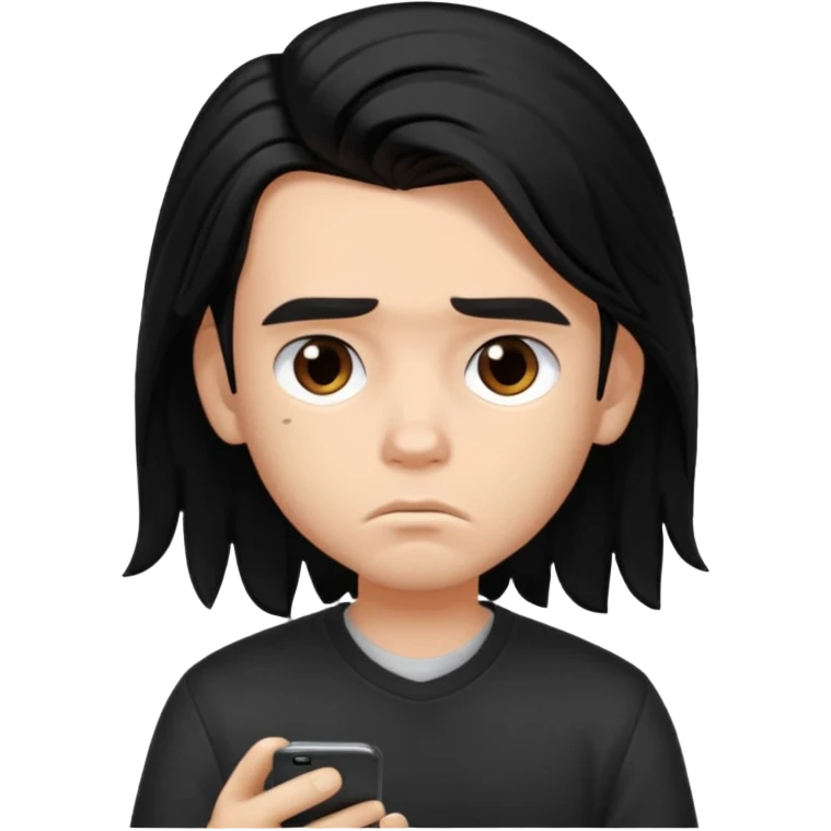 a PRETTY BRATZ boy with black long hair , using his phone and looking sad emoji