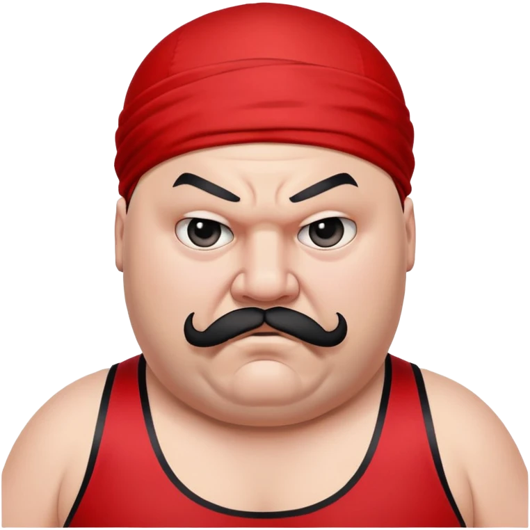 Extreme close-up of face of morbidly obese white skin guy with young face, prominent BLACK DURAG tied clearly on head, distinct black beard and mustache, black eyes in a red and black wrestling singlet with angry expression emoji