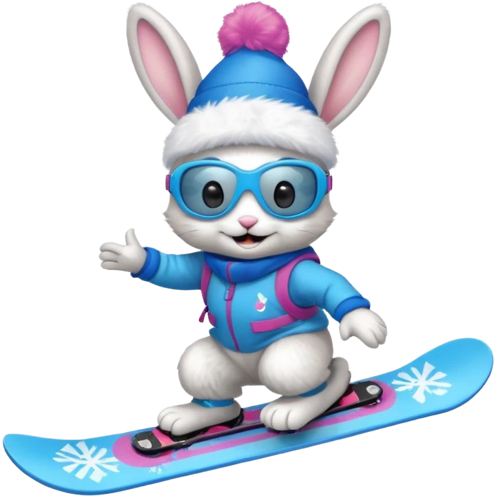 A bunny on a snowboard in blue wearing ski goggles and making party emoji