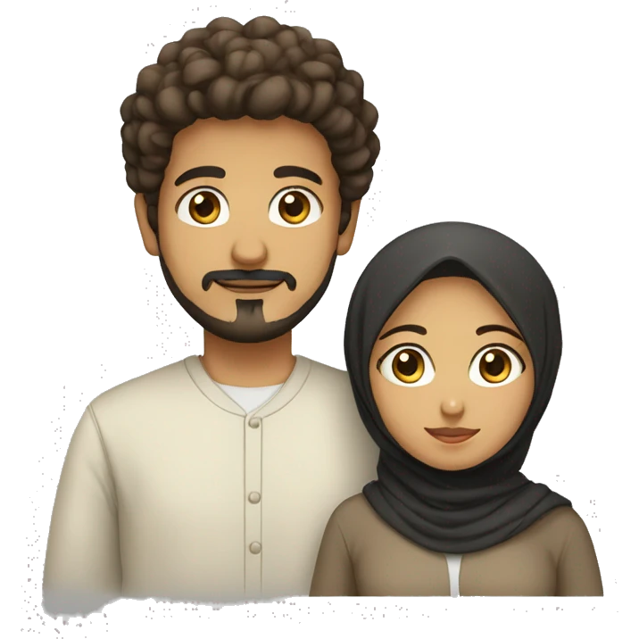brown muslim couple. the boy has short curly hair, goatee and moustache, black eyes. The girl has hijab  emoji