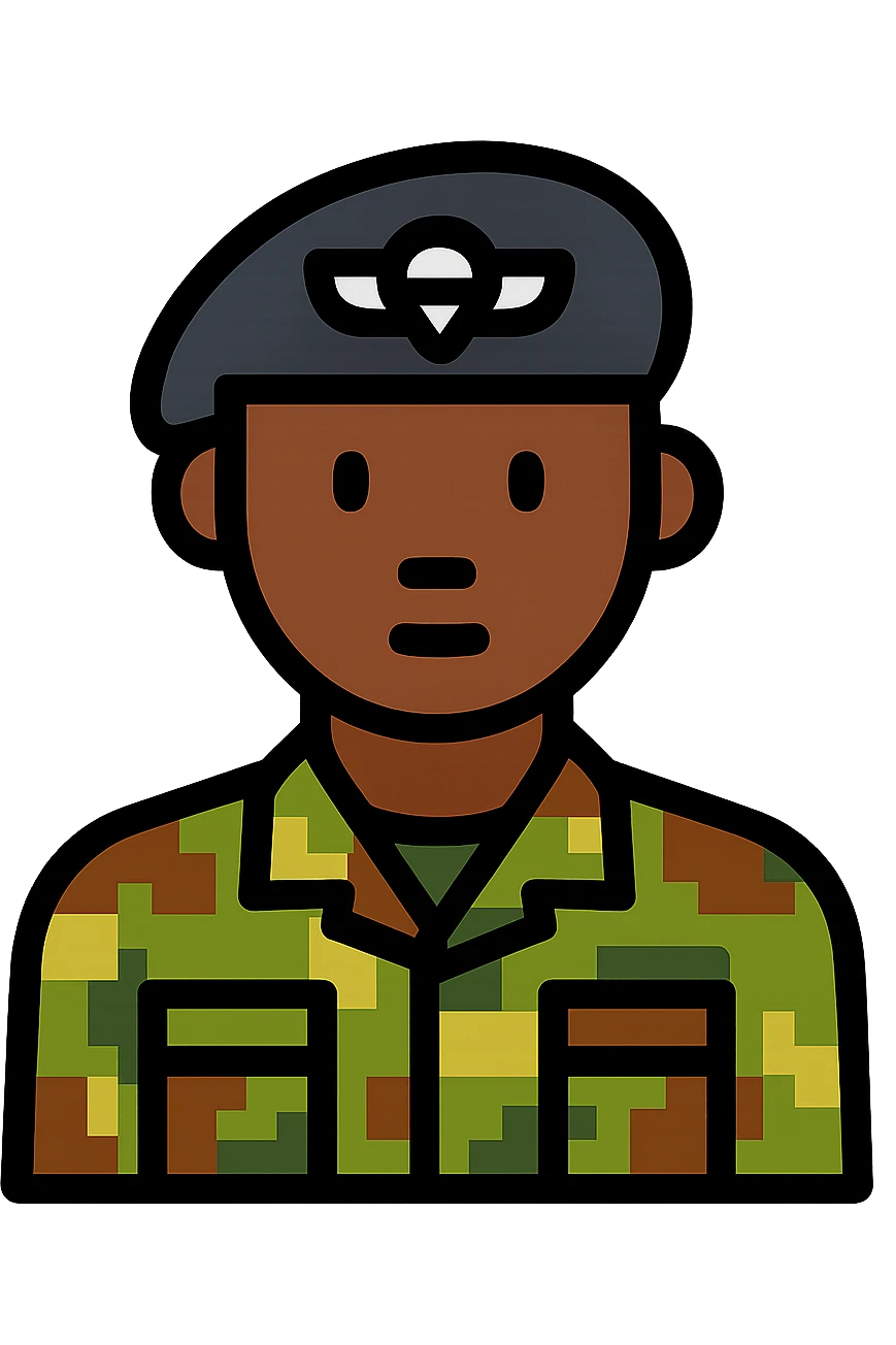militar con uniforme pixelado boscoso, boina negra con emblema paracaidista, piel morena emoji