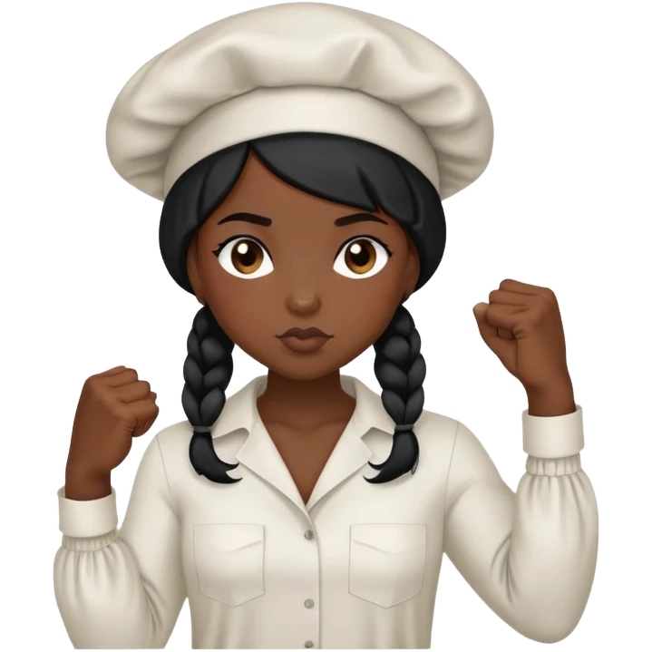 tell your AI emoji app to do an emoji of a girl wearing a black silk bonnet and a oversized shirt that says “butch-up” with a fist  emoji